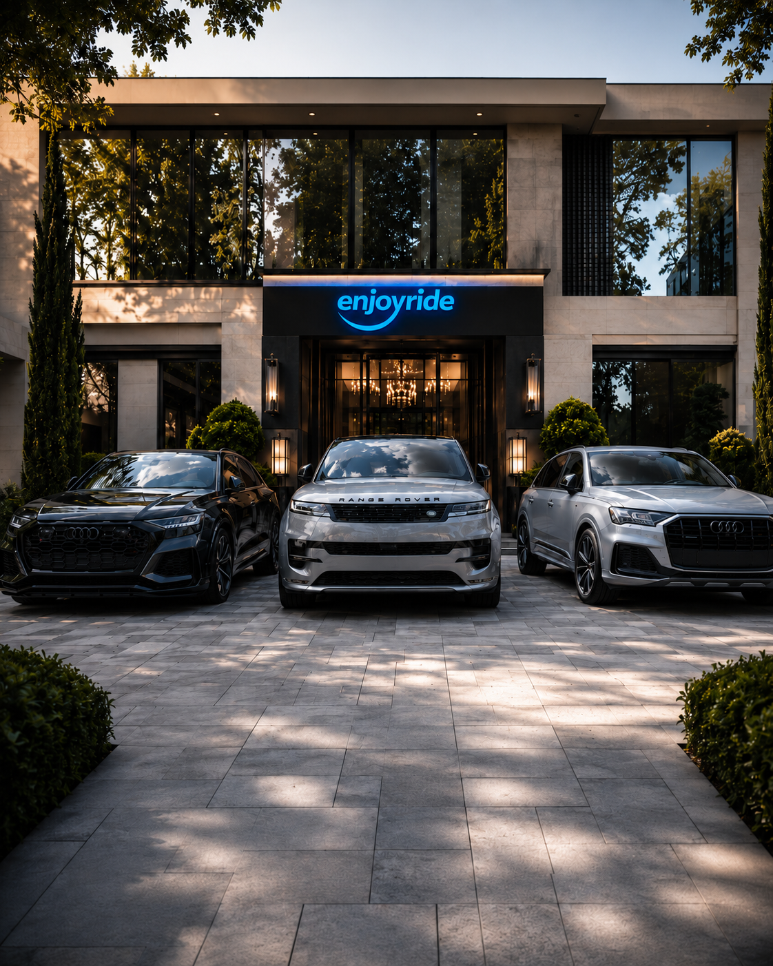 Enjoyride brand artwork featuring three premium SUVs